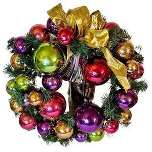 19” Vibrant Christmas Ball Wreath w Greenery and Bow